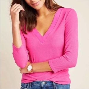 Anthropologie Pink V-Neck Ribbed 3/4 Sleeve Top